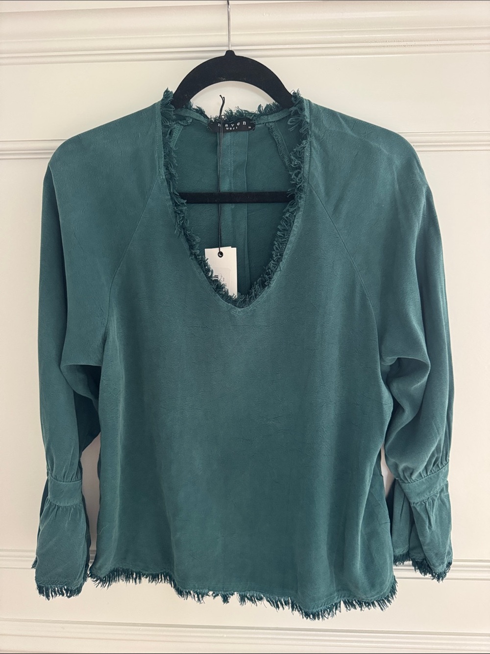 Maven West Teal Frayed V-Neck Blouse